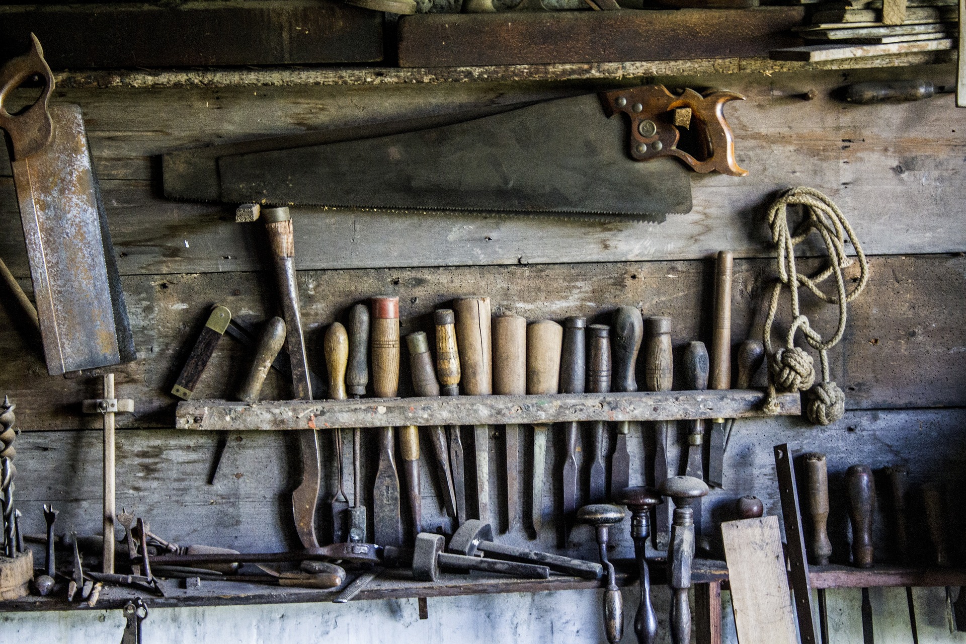 hand tools on a shelf